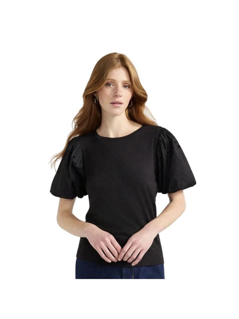 Free Assembly Eyelet Lace Puff Sleeve Top Plus Sz XXL Black Boho Peasant Preppy